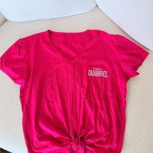 Hot Pink V-Neck Tie-Front Tee with Tequila Cazadores Logo